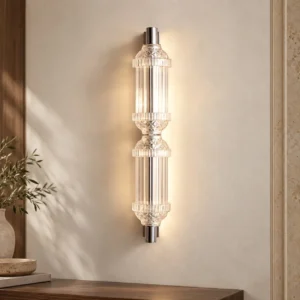 Clear Glass Bamboo Joint Wall Light with Chrome Caps in silver — front view