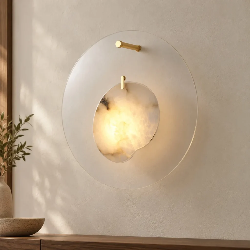 Clear Glass Disc Wall Light with Marbled Globe in silver — front view