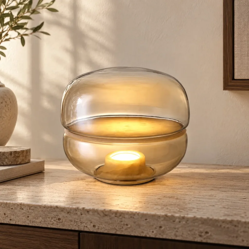 Clear Double Glass Bowl Table Lamp in Smoked Amber — front view