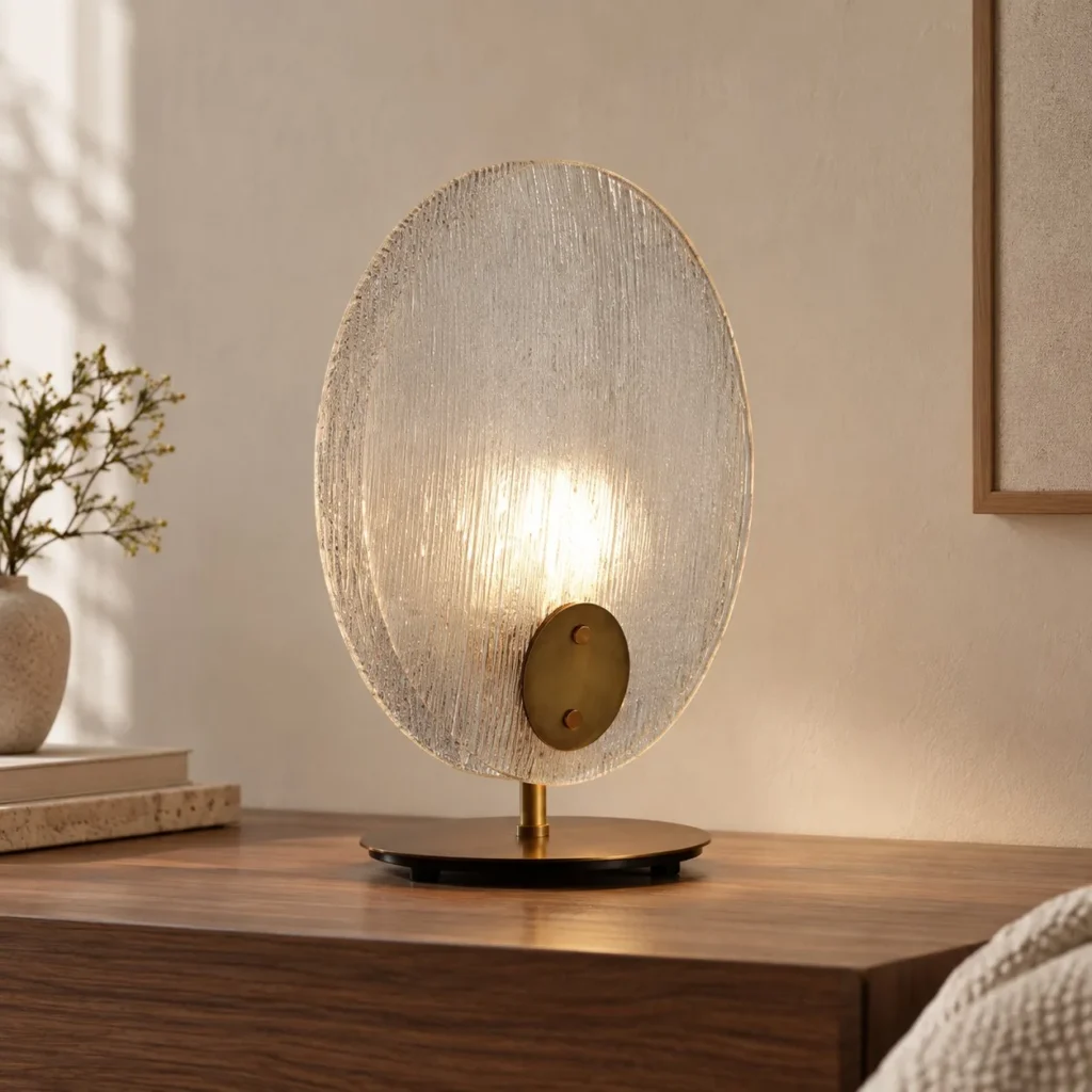 Textured Glass Disc Table Lamp with Brass Stem in silver — front view
