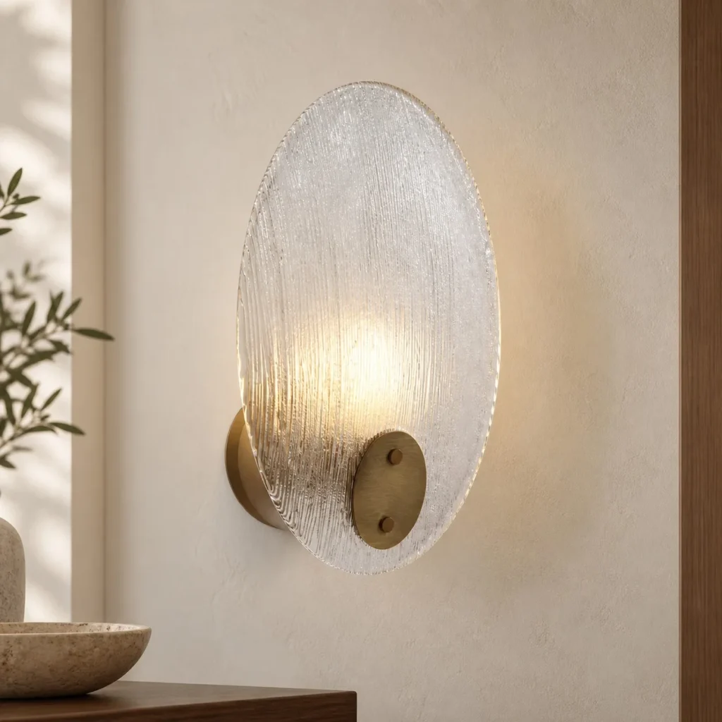 Textured Glass Leaf Wall Light with Brass Hub in silver — front view