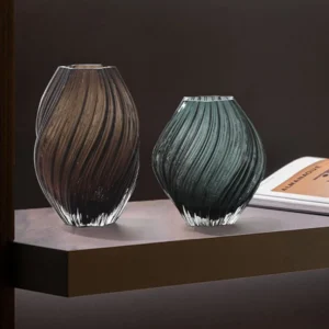 Twisted Rib Clear Glass Vases in Smoke and Green — front view