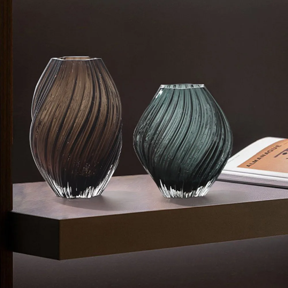 Twisted Rib Clear Glass Vases in Smoke and Green — front view