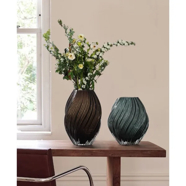Twisted Rib Clear Glass Vases in Smoke and Green — in a room setting