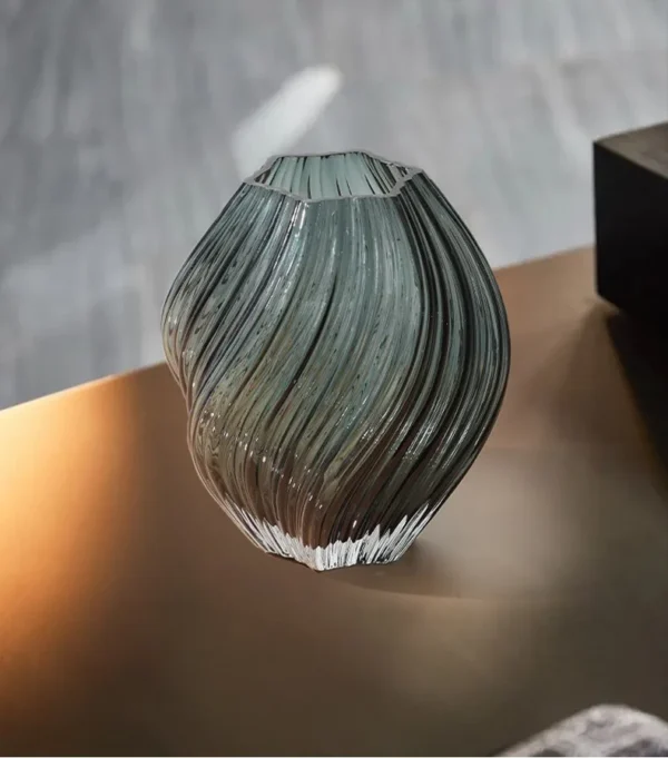 Twisted Rib Clear Glass Vases in Smoke and Green — in a room setting