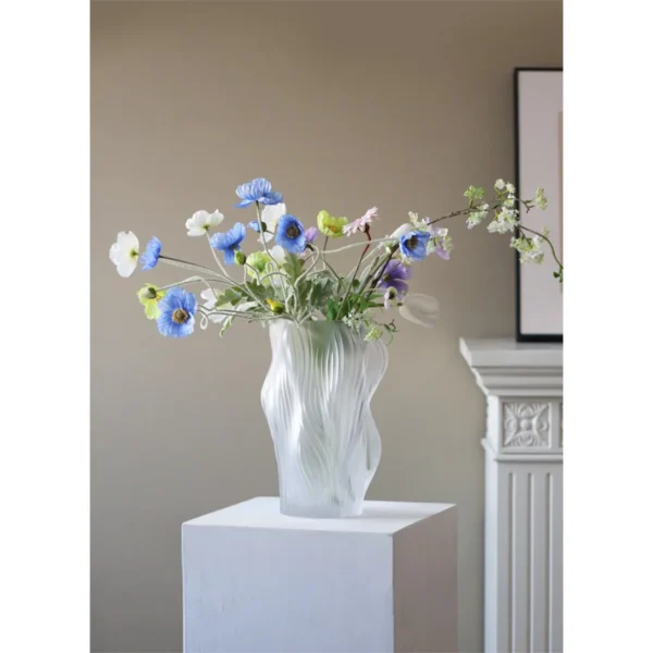 Frosted Clear Glass Vase in ivory — in a room setting