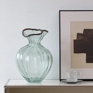 Lotus-Edge Ribbed Glass Vase in olive — front view