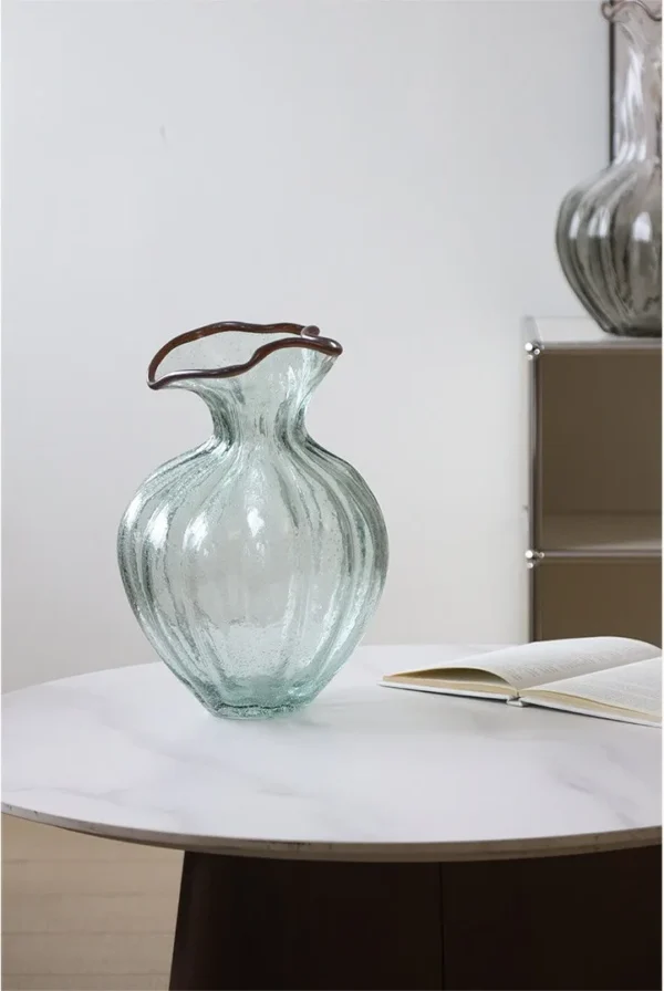 Lotus-Edge Ribbed Glass Vase in olive — in a room setting