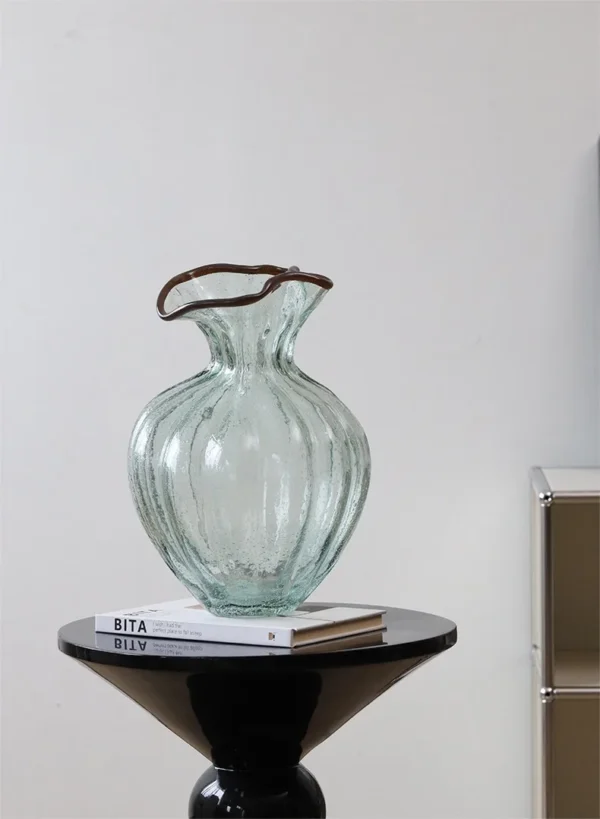 Lotus-Edge Ribbed Glass Vase in olive — in a room setting