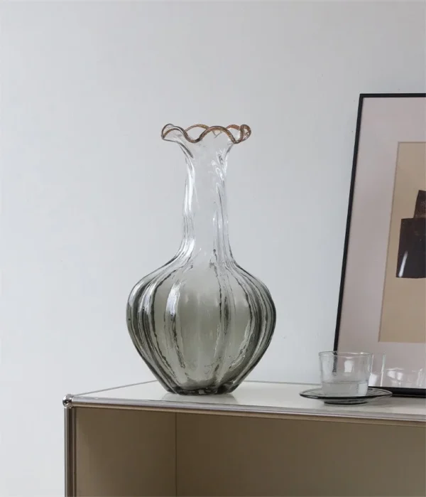 Lotus-Edge Ribbed Glass Vase in olive — in a room setting