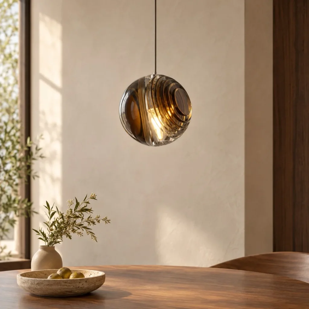 Clear Crystal Globe Pendant Light with Gold Core, 10 cm in ivory — front view