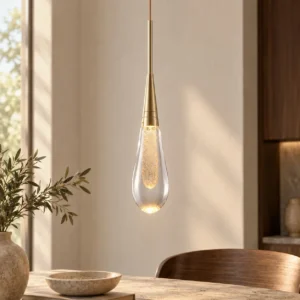 Clear Crystal Long Drop Pendant Light with Brass Cap, 6 cm in ivory — front view