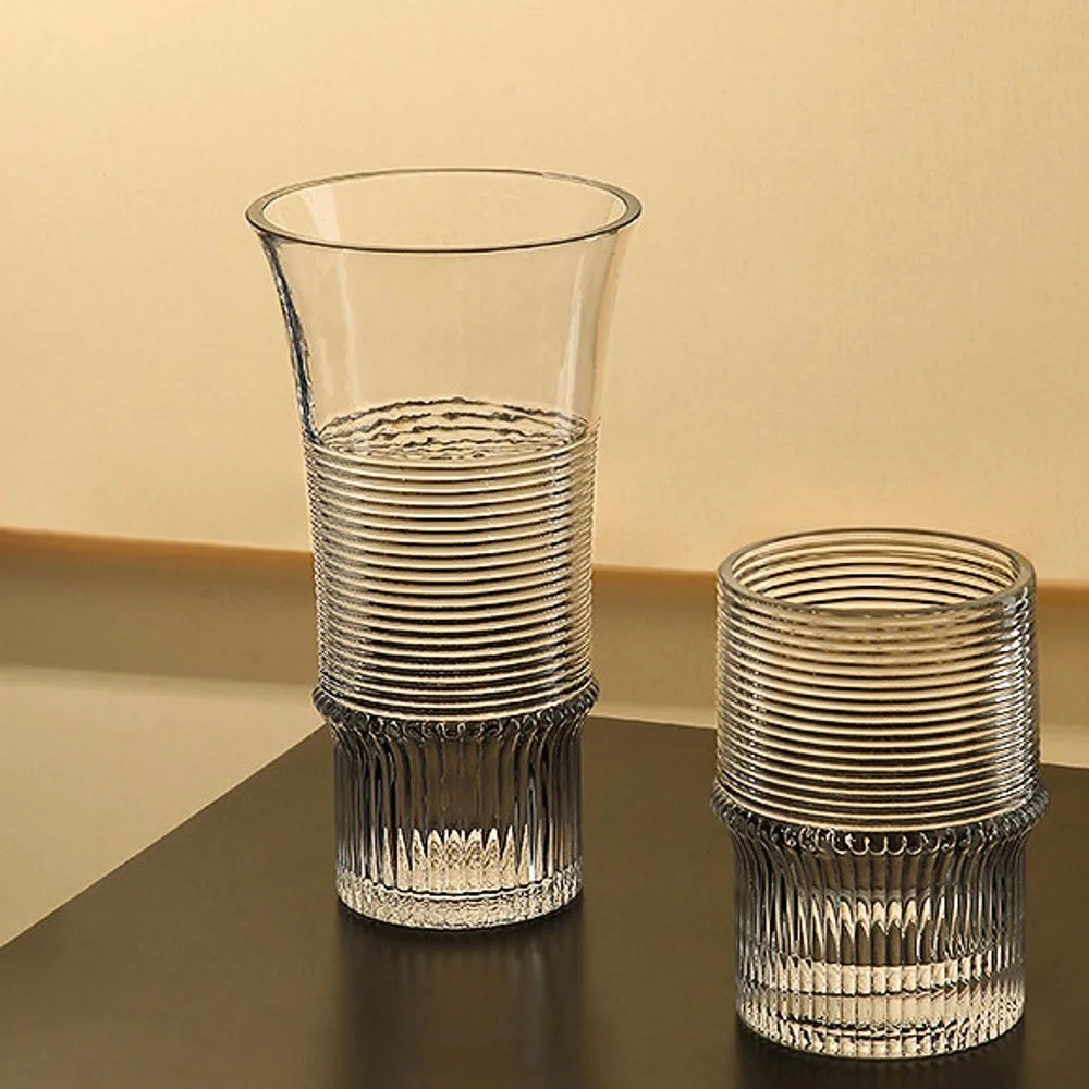 Clear Ribbed Glass Vases with Flared Rim, Small in ivory — front view
