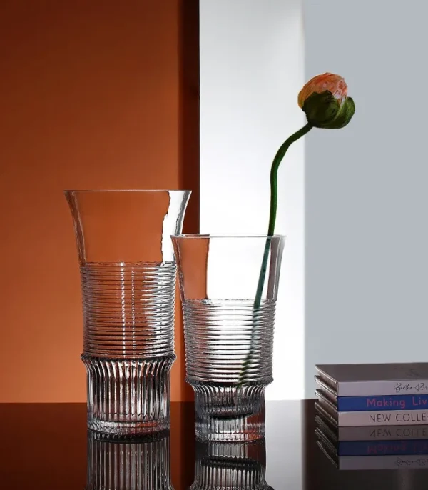 Clear Ribbed Glass Vases with Flared Rim, Small in ivory — in a room setting