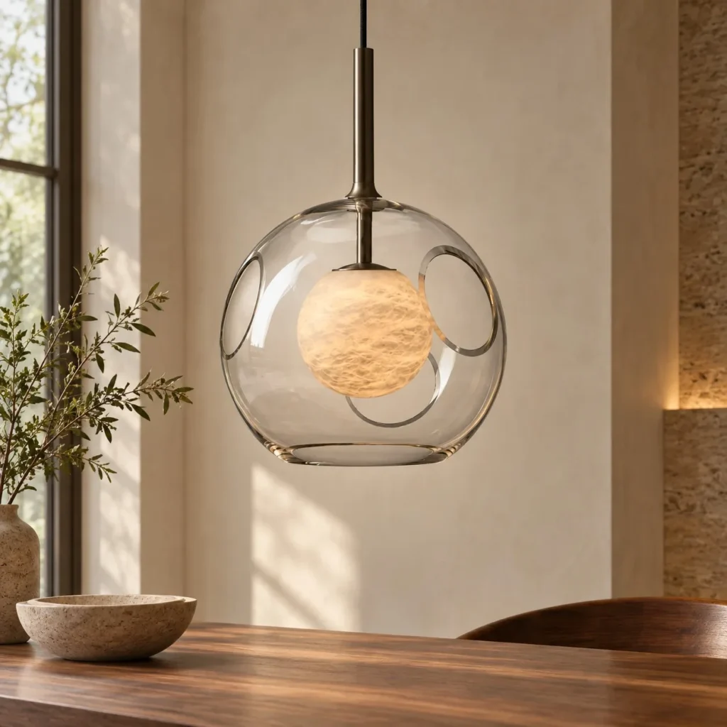 Clear Globe Pendant Light with Stone-Pattern Core, 20 cm in ivory — front view