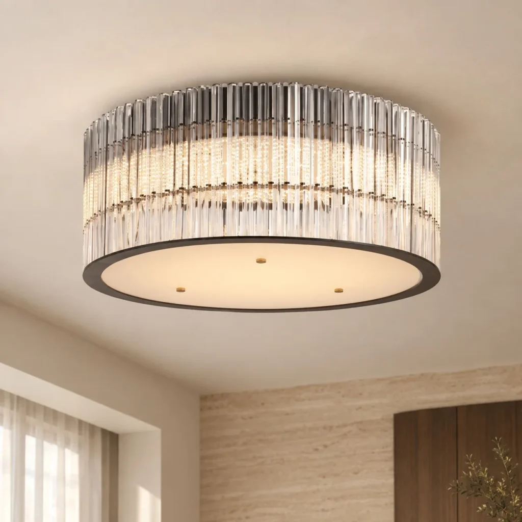 Clear Vertical Tube Ring Flush Ceiling Light in silver — front view
