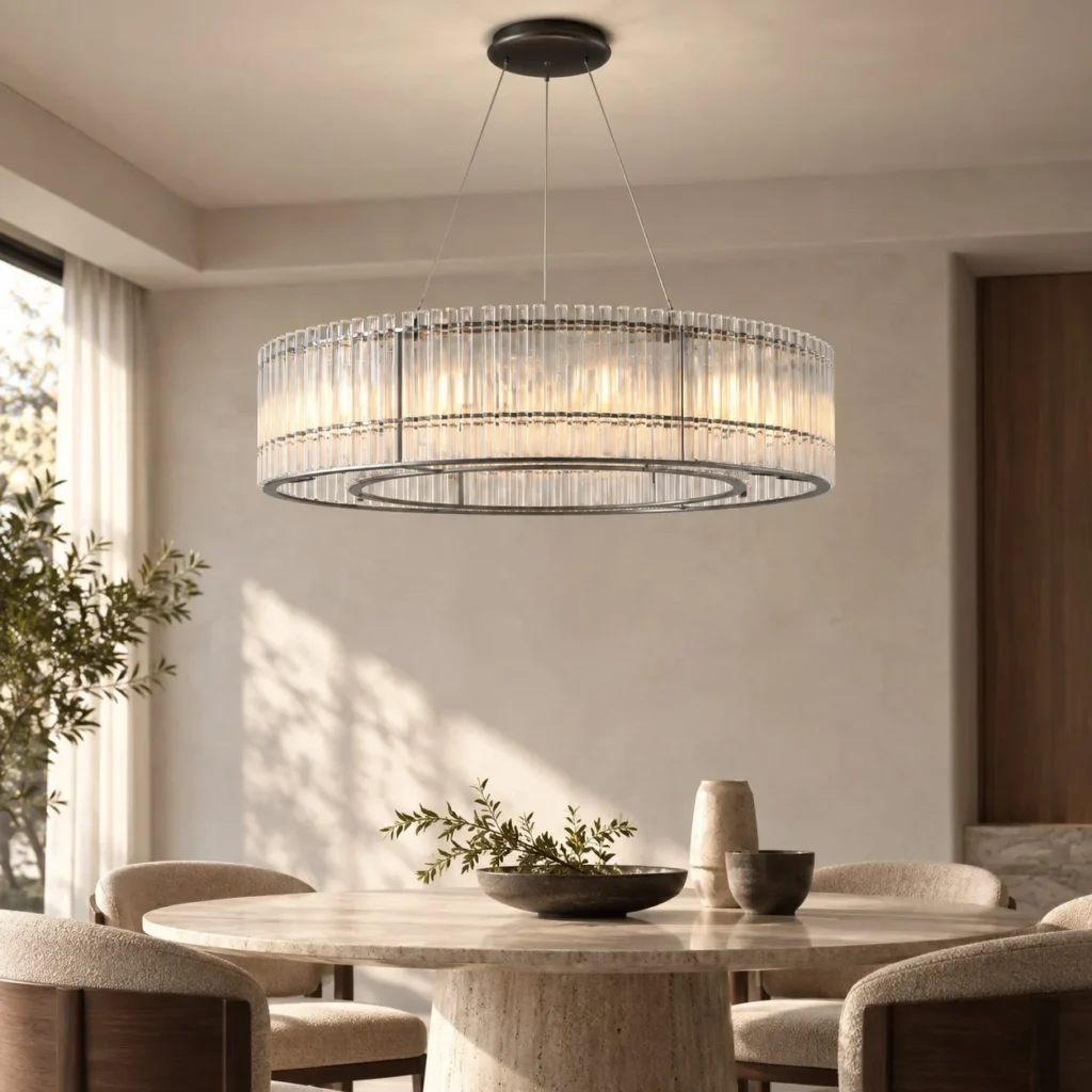 Clear Vertical Tube Ring Chandelier, 70 or 85 cm in silver — front view