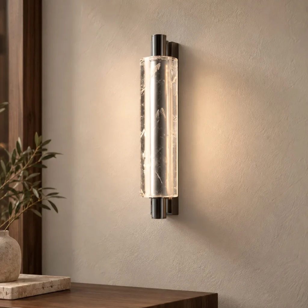Cloud Crystal Tube Wall Light with Black Caps in silver — front view