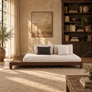 Cloud Floor Daybed with Extended Dark Wood Platform in walnut — in a room setting