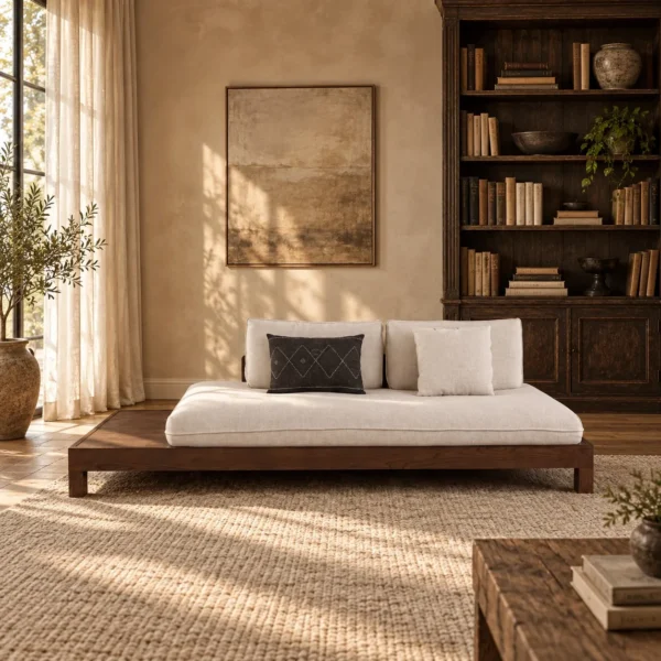 Cloud Floor Daybed with Extended Dark Wood Platform in walnut — in a room setting