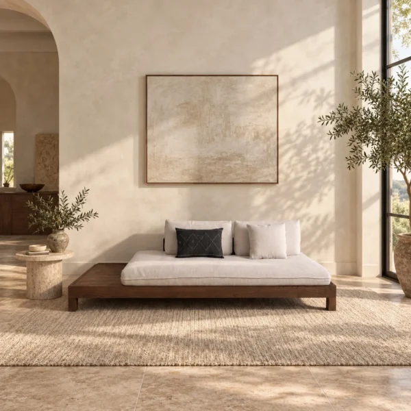 Cloud Floor Daybed with Extended Dark Wood Platform in walnut — in a room setting