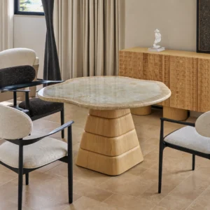 Cloud Free-Form Travertine Table on Stacked Oak Base in oatmeal — front view