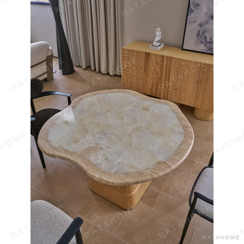 Cloud Free-Form Travertine Table on Stacked Oak Base in oatmeal — in a room setting