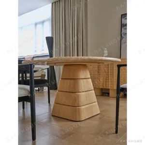 Cloud Free-Form Travertine Table on Stacked Oak Base in oatmeal — in a room setting