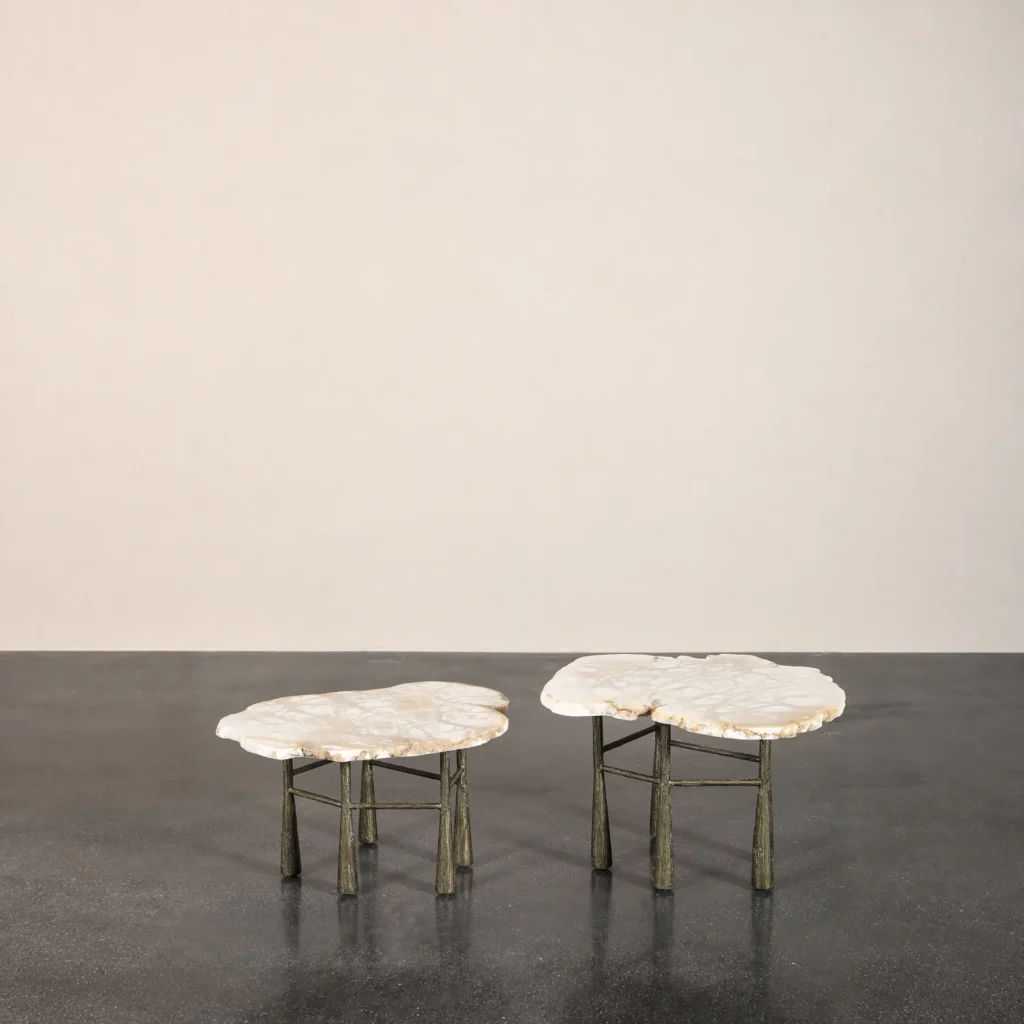 Raw-Edge Marble Nesting Side Table Pair in oatmeal — front view