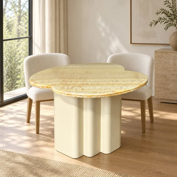 Cloud Petal-Edge Round Table in Champagne Stone — in a room setting