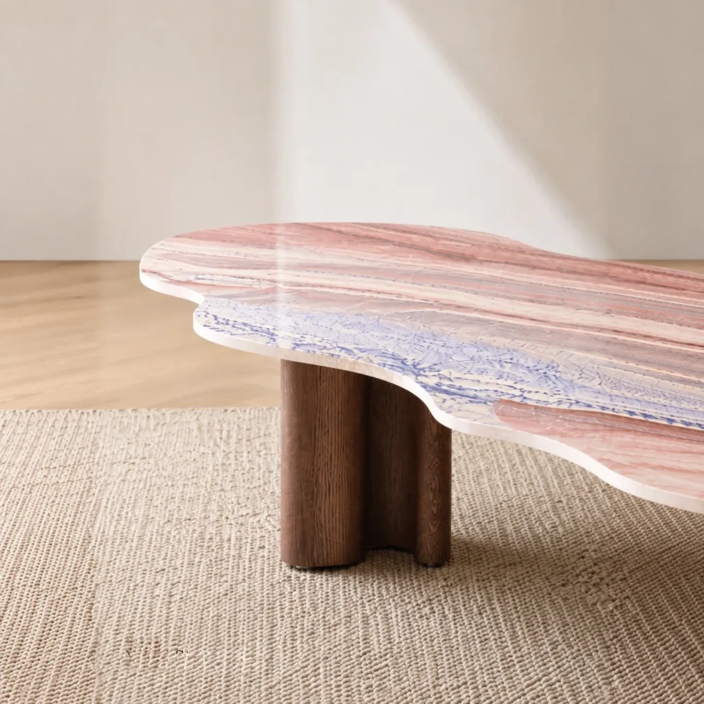 Cloud-Shaped Pink Marble Desk with Walnut Column Legs in rose stone — front view