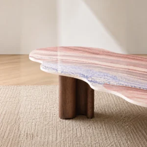 Cloud-Shaped Pink Marble Desk with Walnut Column Legs in rose stone — front view