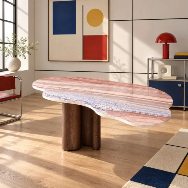 Cloud-Shaped Pink Marble Desk with Walnut Column Legs in rose stone — in a room setting