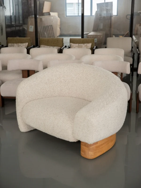 Cloud Toast Shearling Lounge Chair on Wood Block Base in oatmeal — in a room setting