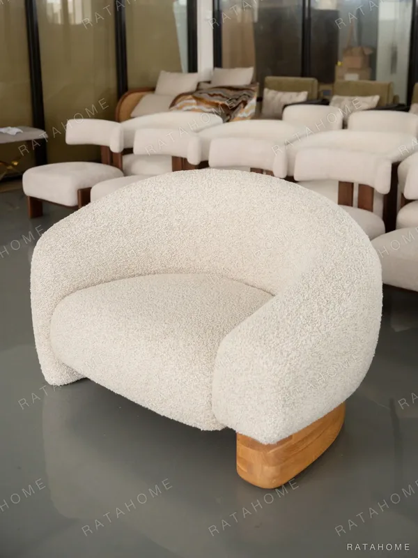 Cloud Toast Shearling Lounge Chair on Wood Block Base in oatmeal — in a room setting