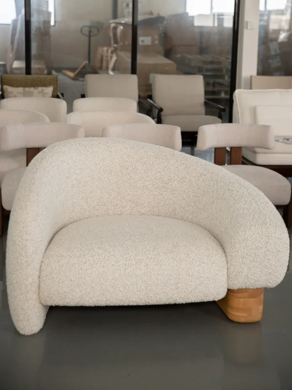 Cloud Toast Shearling Lounge Chair on Wood Block Base in oatmeal — in a room setting