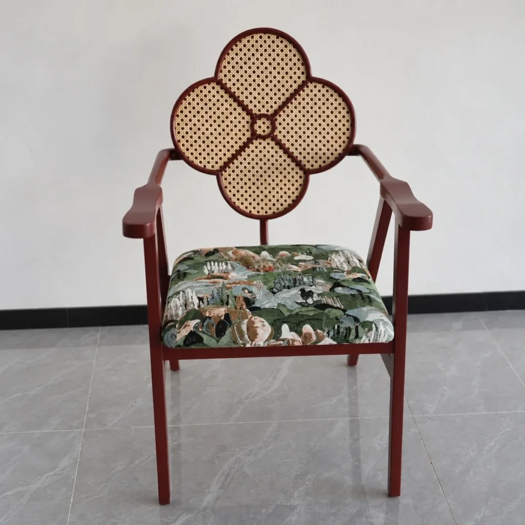 Clover Cane-Back Master Chair in Burgundy with Botanical Seat — front view
