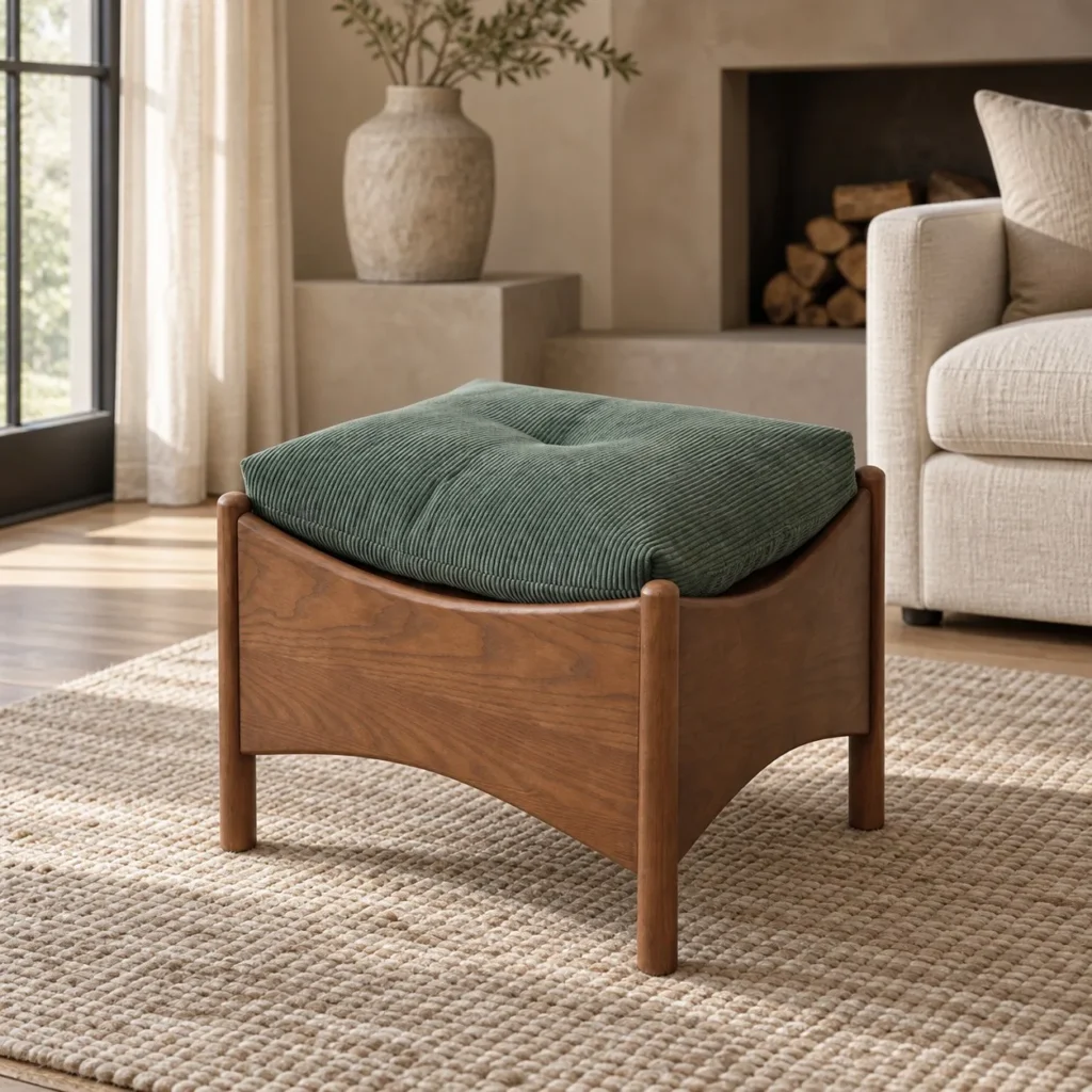 Joker Ash Wood Stool with Removable Green Corduroy Cushion in walnut — front view