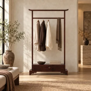 Chinese-Style Wooden Garment Rack with Base Drawer in clay — front view