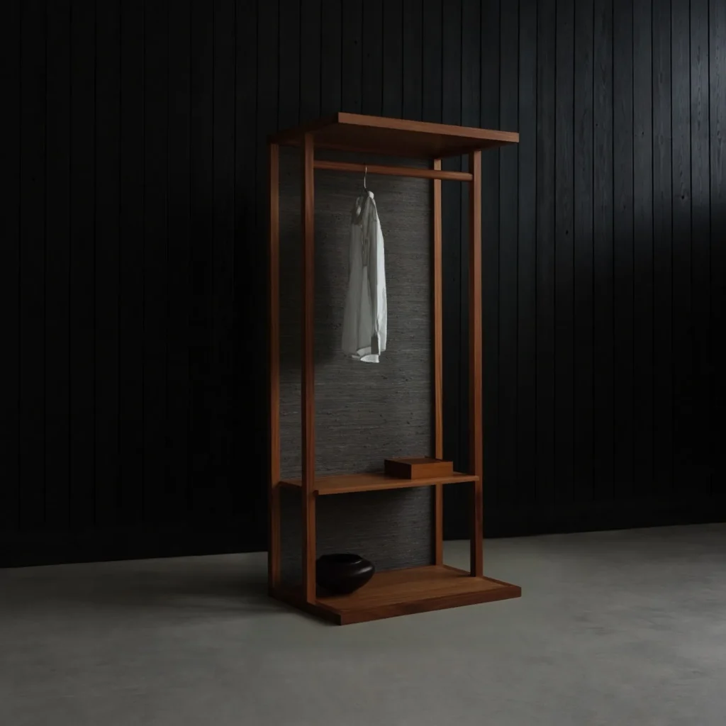Solid Walnut Freestanding Coat Rack with Shelves in walnut — front view