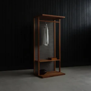 Solid Walnut Freestanding Coat Rack with Shelves in walnut — front view