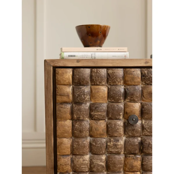 Coco Reclaimed Teak Side Cabinet with Coconut Shell Doors in clay — in a room setting