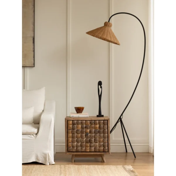 Coco Reclaimed Teak Side Cabinet with Coconut Shell Doors in clay — in a room setting