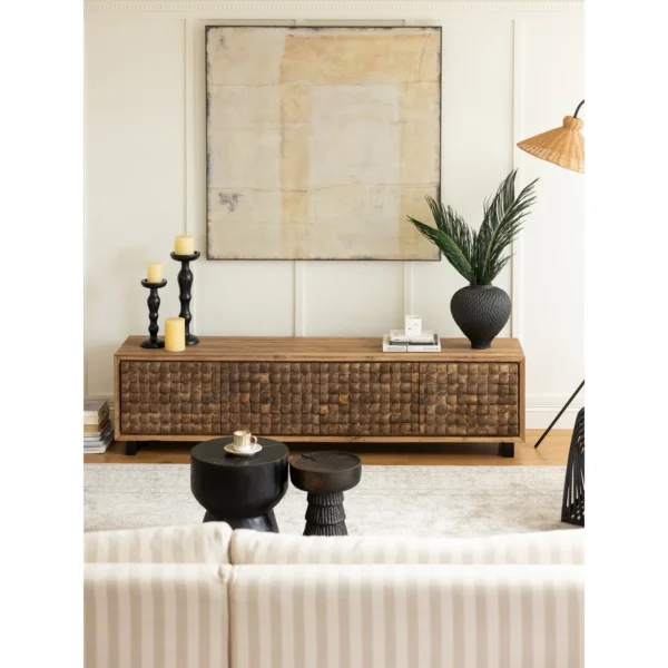 Coco Reclaimed Teak Side Cabinet with Coconut Shell Doors in clay — in a room setting