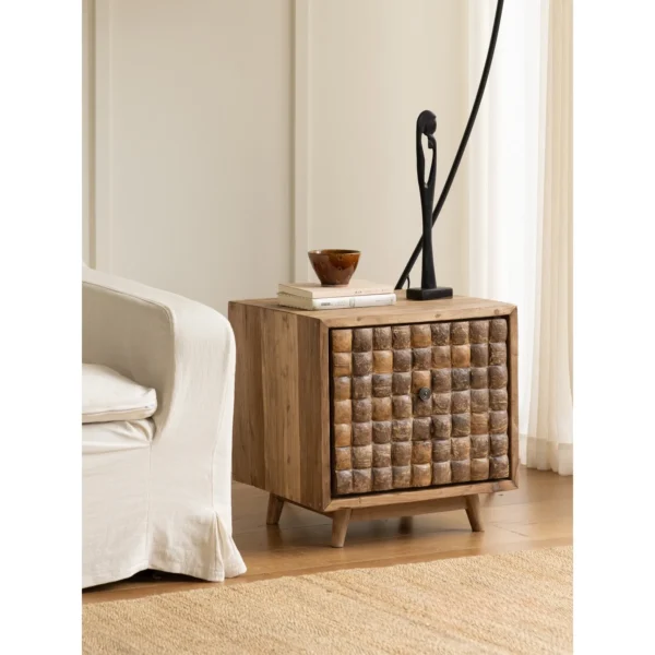 Coco Reclaimed Teak Side Cabinet with Coconut Shell Doors in clay — in a room setting