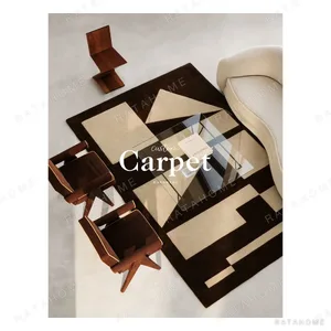 Cocoa Geometric Rug with Cream Shapes in clay — in a room setting