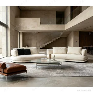 Curved Modular Sofa in Cream Bouclé with Rounded Backs — in a room setting