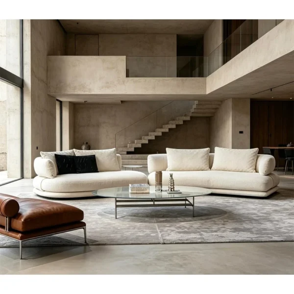 Curved Modular Sofa in Cream Bouclé with Rounded Backs — in a room setting