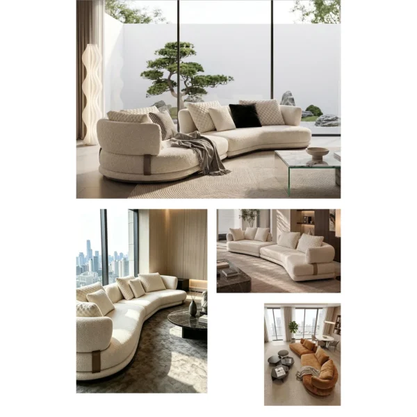 Curved Modular Sofa in Cream Bouclé with Rounded Backs — in a room setting