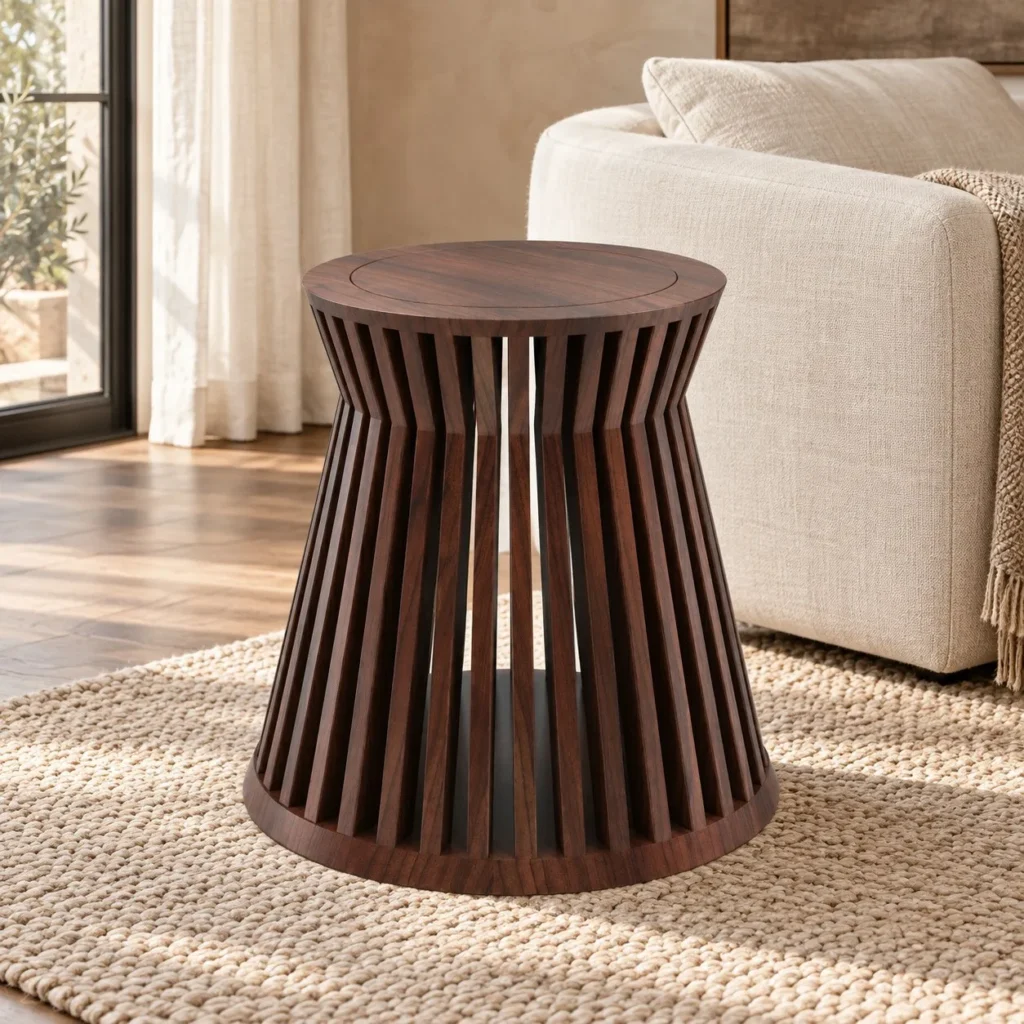 Walnut Slatted Drum Side Table in walnut — front view